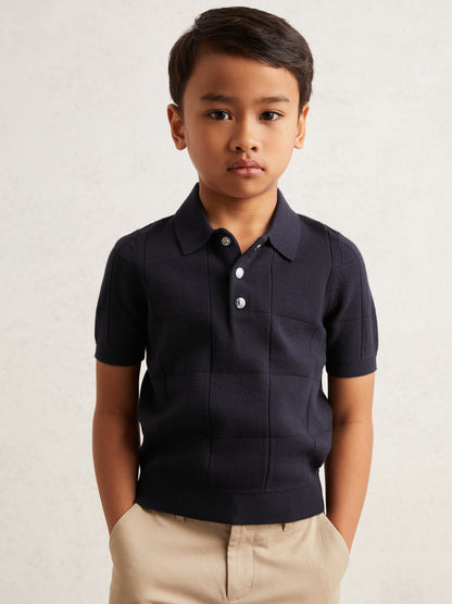 13-14 yrs Stitch-Detail Press-Stud Polo Shirt in Navy Blue | Reiss Children & Baby Exclusive