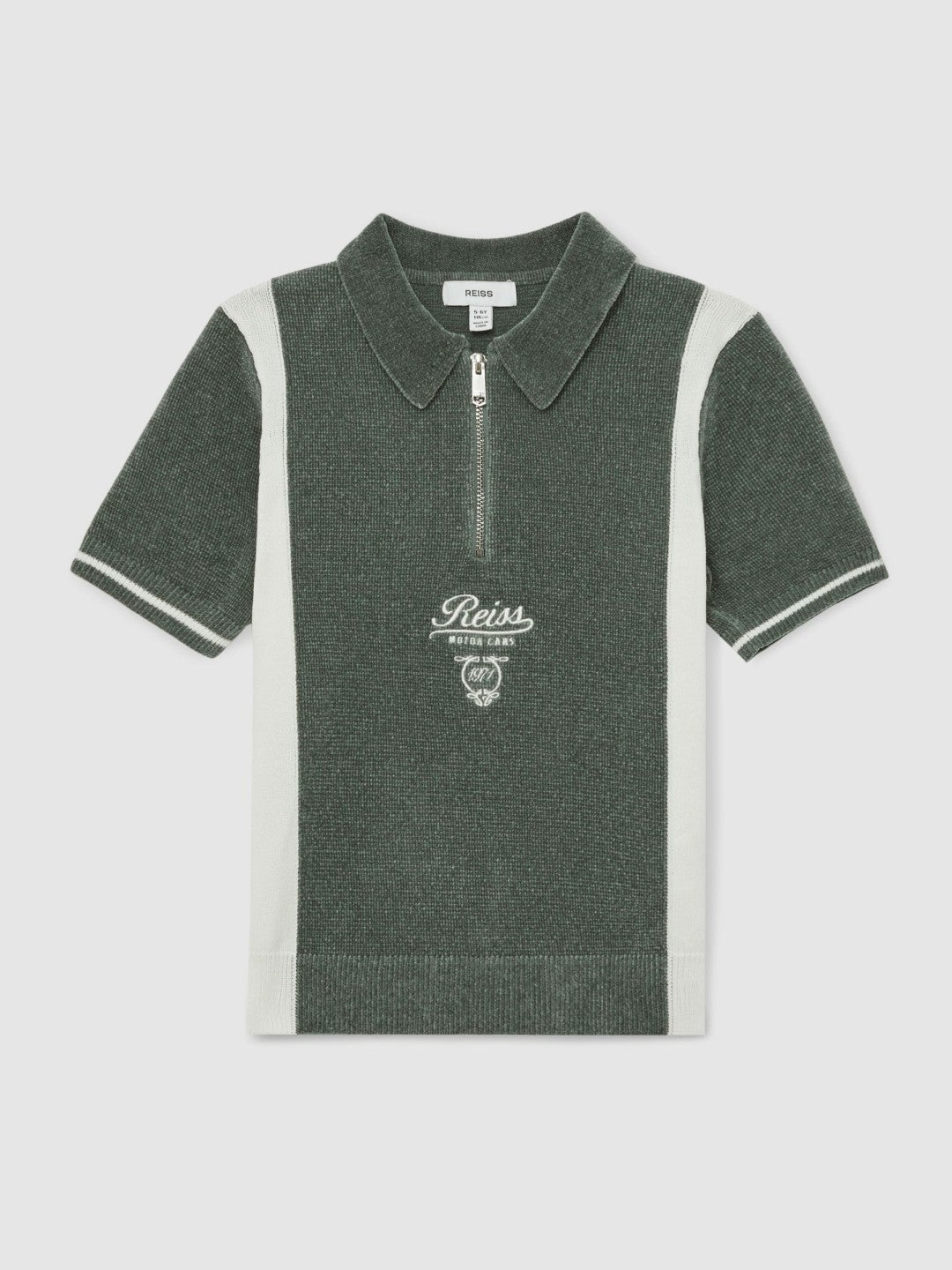 9-13 yrs Chenille Tipped Motor Cars Polo Shirt in Dark Sage Green/White | Reiss Children & Baby Best Seller