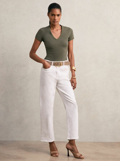 Stretch Cotton V-Neck T-Shirt in Khaki Green | Reiss Women Signature