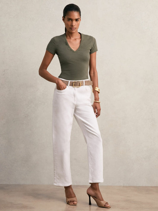 Stretch Cotton V-Neck T-Shirt in Khaki Green | Reiss Women Signature
