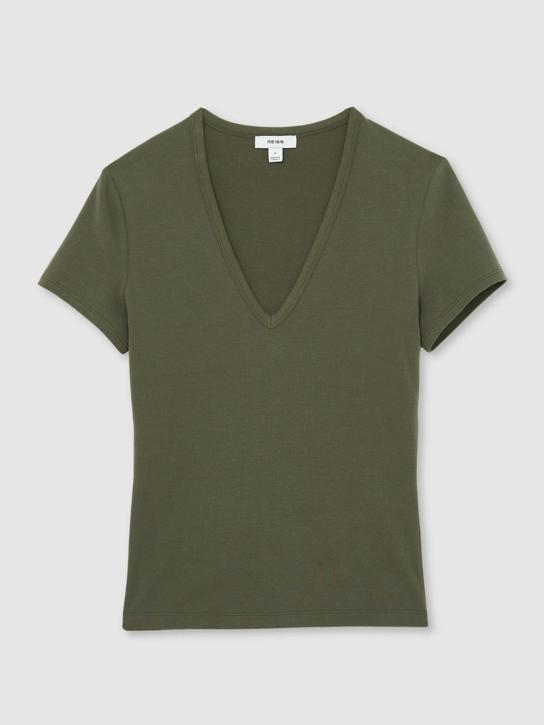 Stretch Cotton V-Neck T-Shirt in Khaki Green | Reiss Women Signature