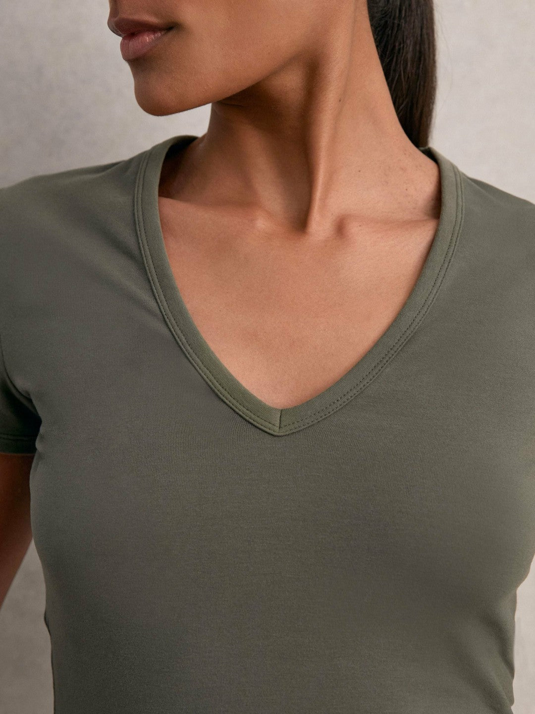 Stretch Cotton V-Neck T-Shirt in Khaki Green | Reiss Women Signature