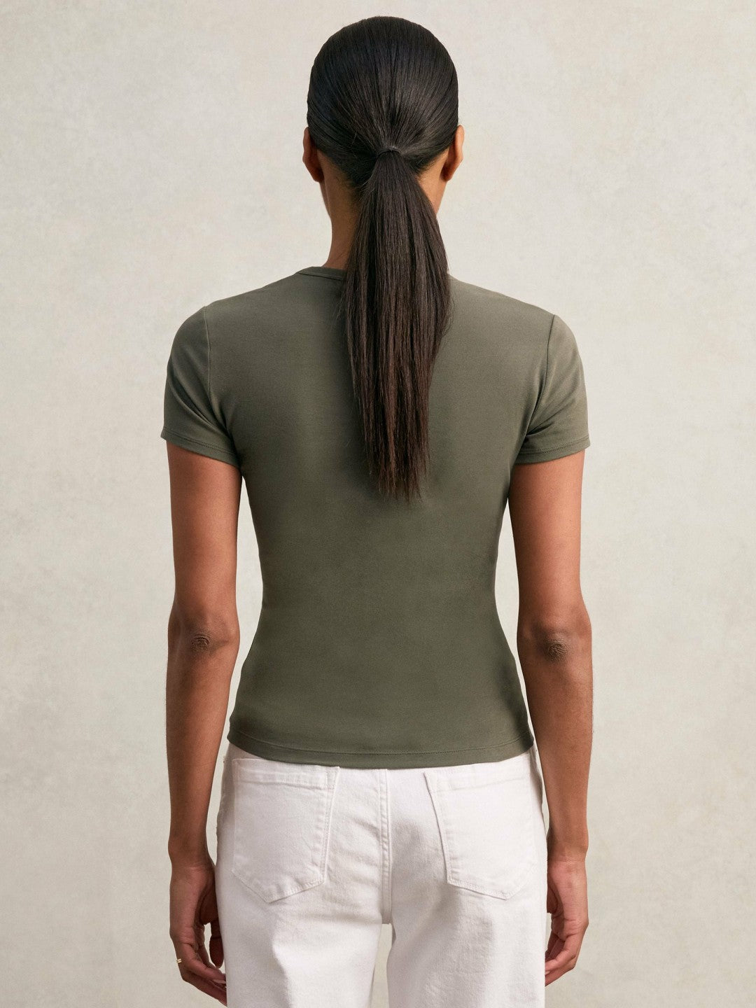 Stretch Cotton V-Neck T-Shirt in Khaki Green | Reiss Women Signature