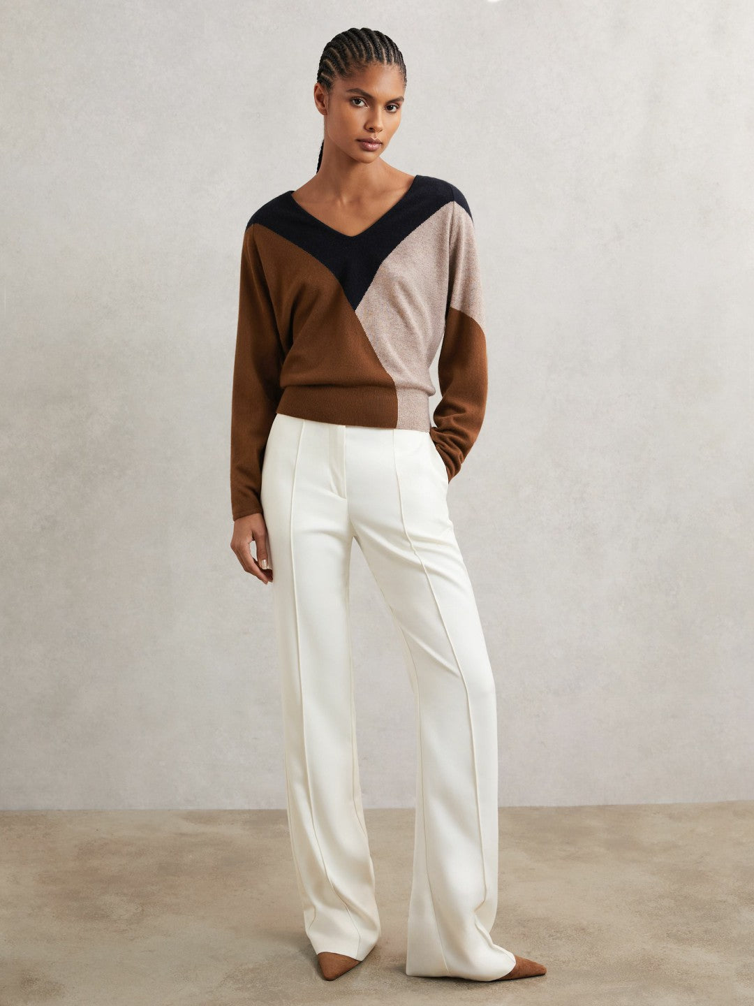 Wool-Blend Colourblock Knit Jumper with Cashmere in Toffee Brown/Navy/Neutral | Reiss Women Best Seller