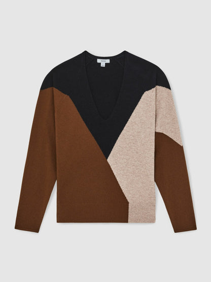 Wool-Blend Colourblock Knit Jumper with Cashmere in Toffee Brown/Navy/Neutral | Reiss Women Best Seller