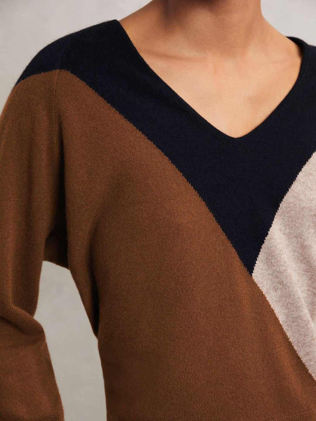 Wool-Blend Colourblock Knit Jumper with Cashmere in Toffee Brown/Navy/Neutral | Reiss Women Best Seller