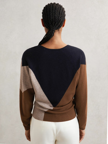 Wool-Blend Colourblock Knit Jumper with Cashmere in Toffee Brown/Navy/Neutral | Reiss Women Best Seller