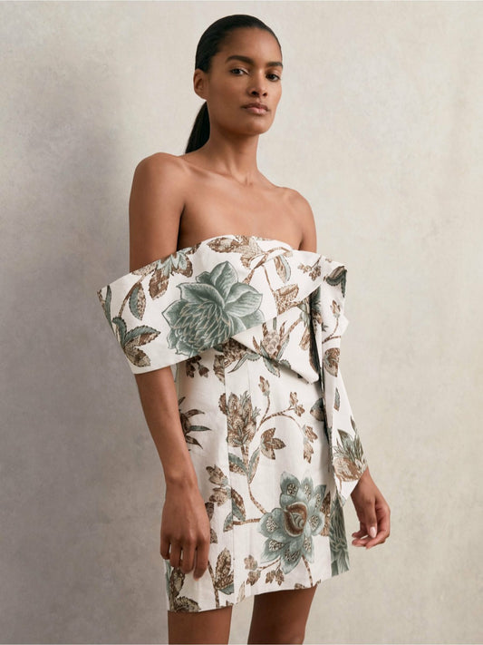 Sculpted Off-Shoulder Floral Mini Dress Linen-Cotton in Ivory | Reiss Women Exclusive