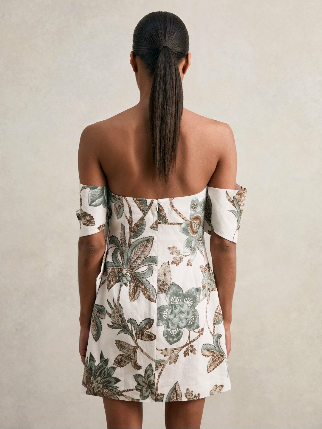 Sculpted Off-Shoulder Floral Mini Dress Linen-Cotton in Ivory | Reiss Women Exclusive