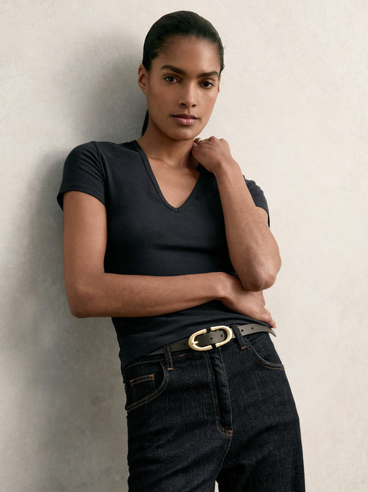 Stretch Cotton V-Neck T-Shirt in Navy | Reiss Women New