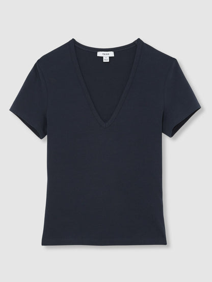 Stretch Cotton V-Neck T-Shirt in Navy | Reiss Women New