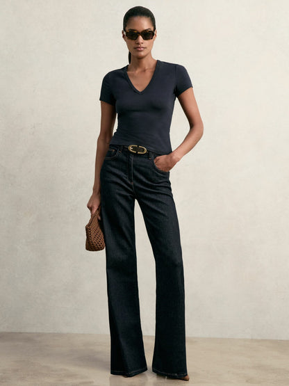 Stretch Cotton V-Neck T-Shirt in Navy | Reiss Women New