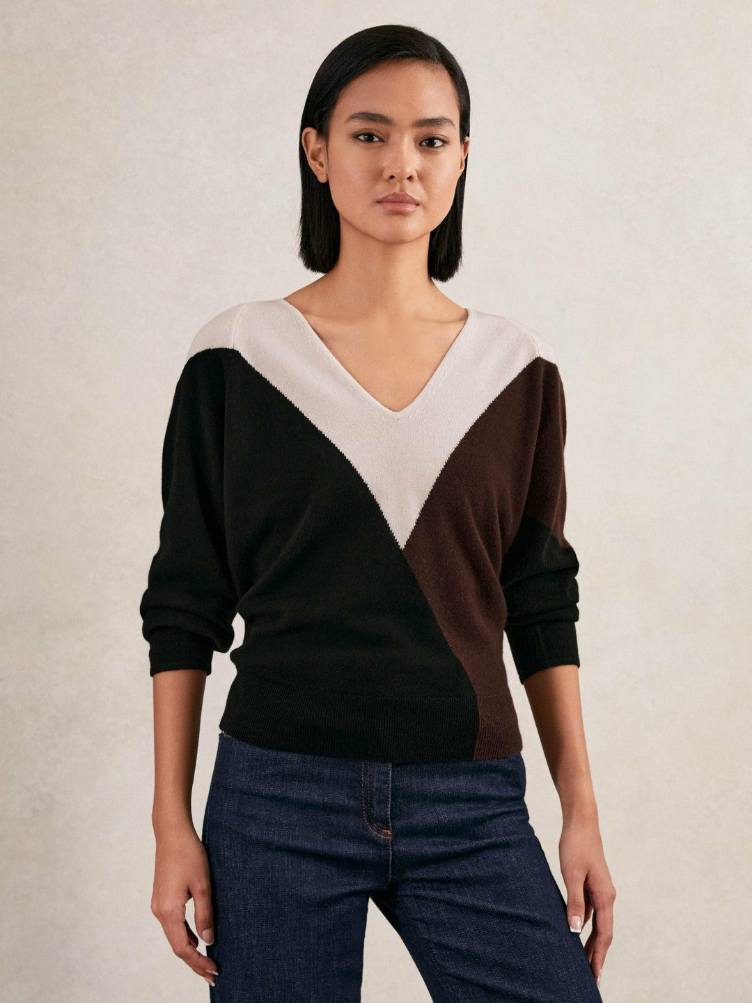 Wool-Blend Colourblock Knit Jumper with Cashmere in Black/Burgundy/Cream | Reiss Women Recommended