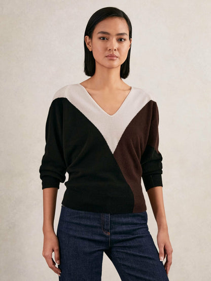 Wool-Blend Colourblock Knit Jumper with Cashmere in Black/Burgundy/Cream | Reiss Women Recommended