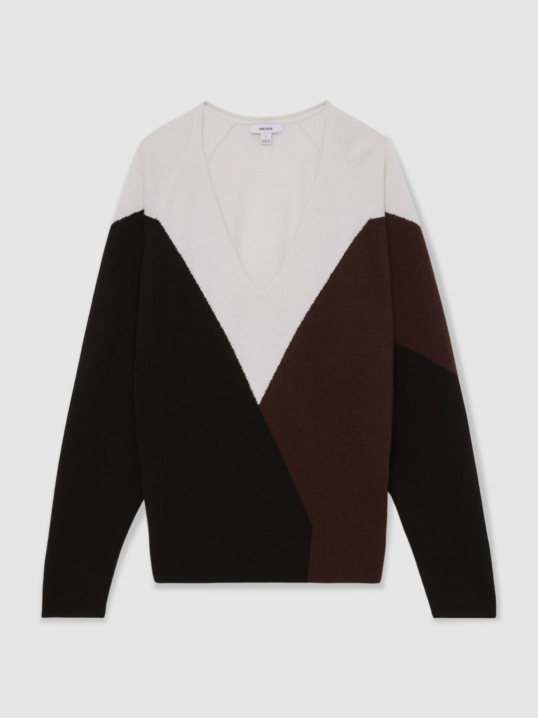 Wool-Blend Colourblock Knit Jumper with Cashmere in Black/Burgundy/Cream | Reiss Women Recommended