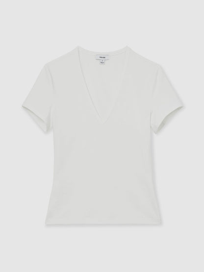 Stretch Cotton V-Neck T-Shirt in White | Reiss Women Premium