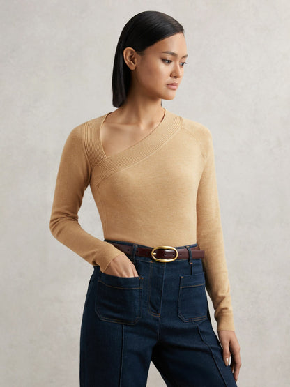 Wool-Blend Asymmetric Knit Top in Camel | Reiss Women Best Seller