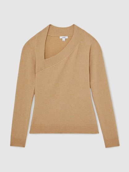 Wool-Blend Asymmetric Knit Top in Camel | Reiss Women Best Seller