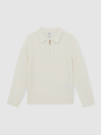 13-14 yrs Wool Waffle-Knit Half-Zip Polo Shirt in Off White | Reiss Children & Baby Signature