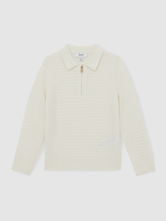 13-14 yrs Wool Waffle-Knit Half-Zip Polo Shirt in Off White | Reiss Children & Baby Signature