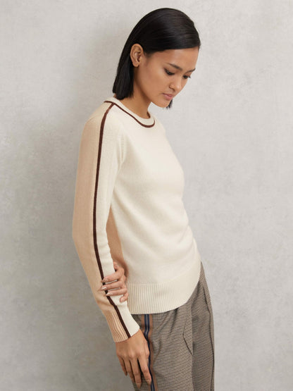 Wool-Blend Colour-Block Jumper With Cashmere in Cream/Neutral | Reiss Women Exclusive