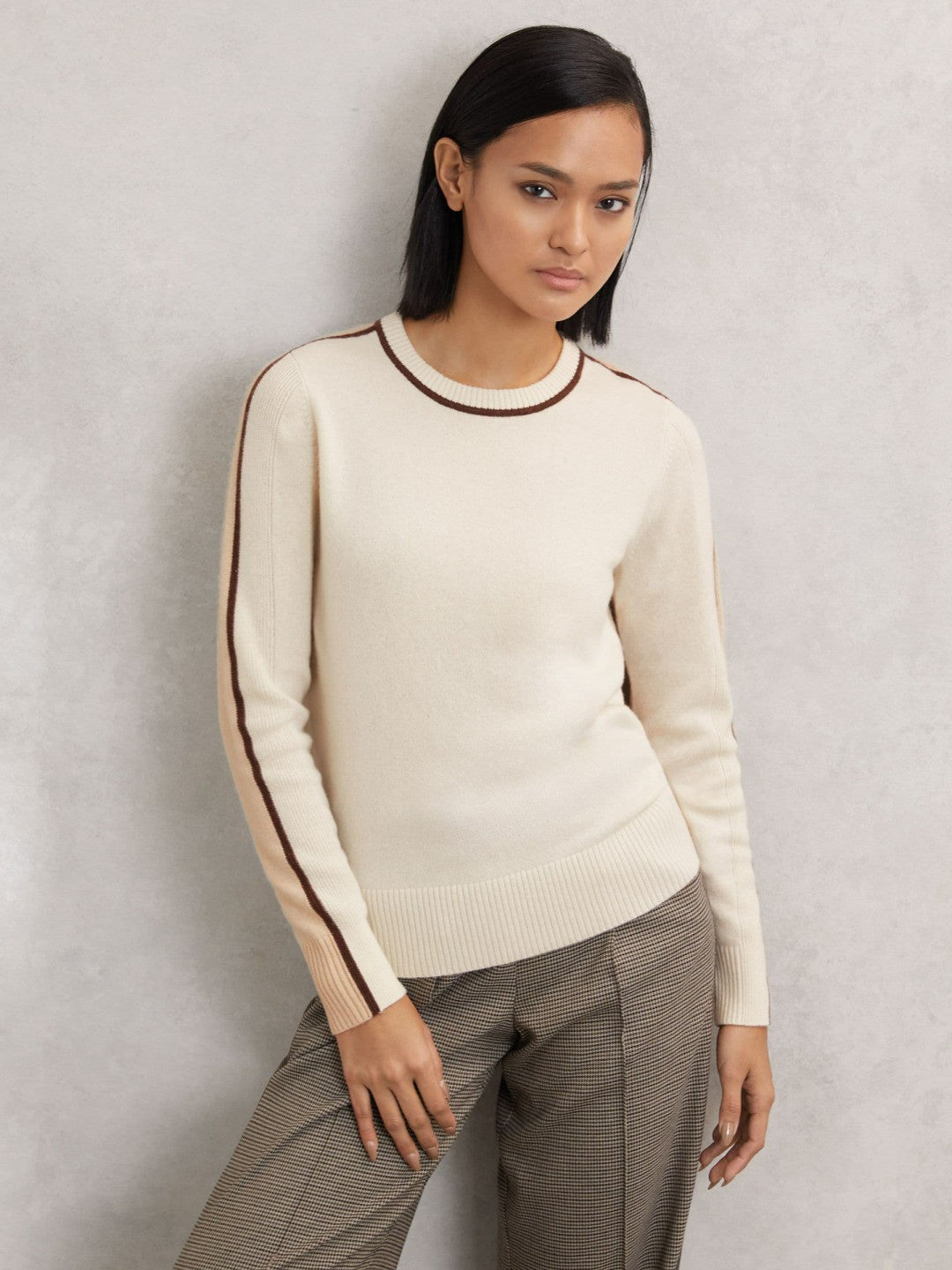 Wool-Blend Colour-Block Jumper With Cashmere in Cream/Neutral | Reiss Women Exclusive