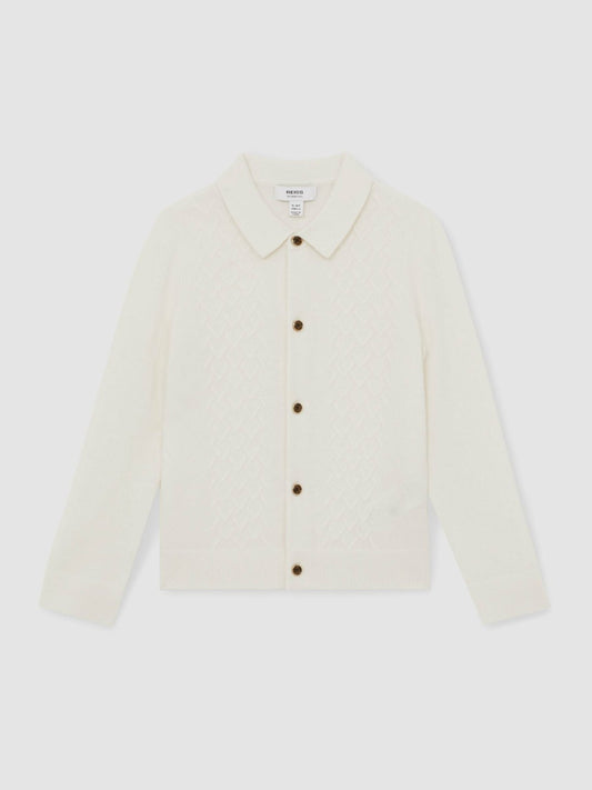13-14 yrs Wool V-Stitch Button-Through Cardigan in Off White | Reiss Children & Baby Exclusive