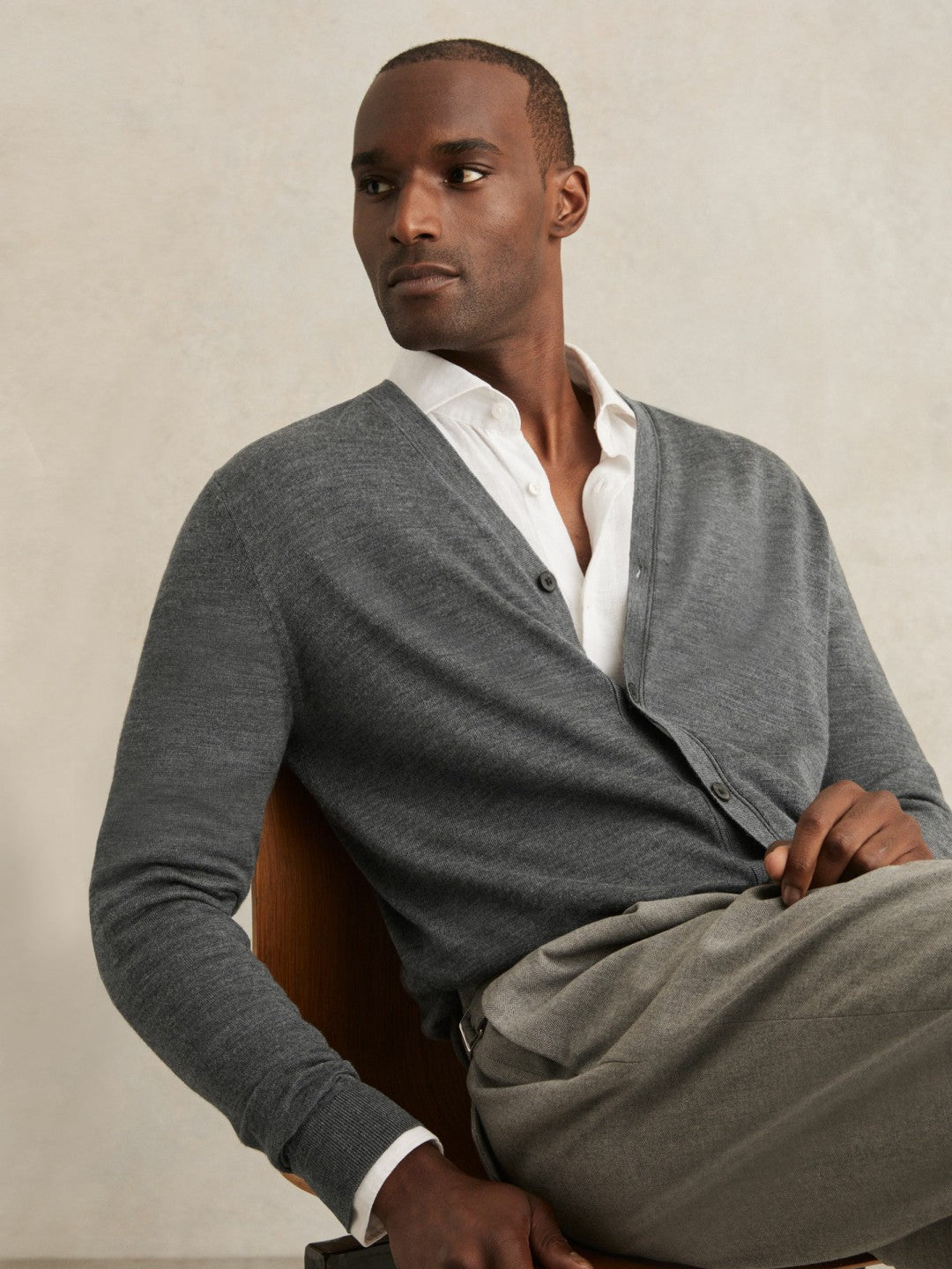 Merino Wool Button-Through Cardigan in Derby Grey Melange | Reiss Men Signature