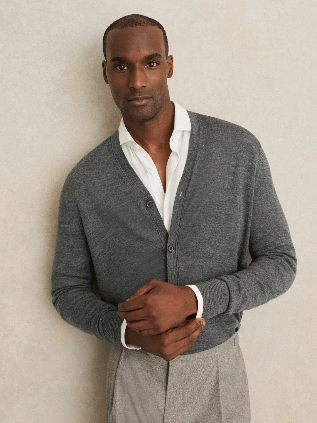 Merino Wool Button-Through Cardigan in Derby Grey Melange | Reiss Men Signature