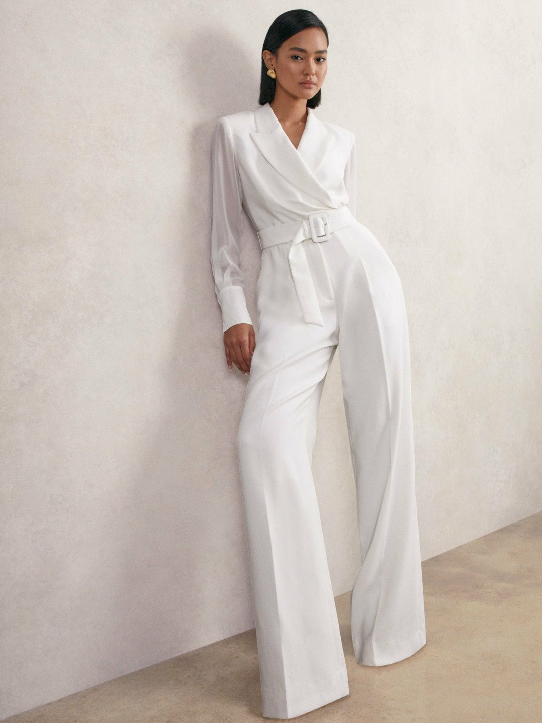 Sheer-Sleeve Wide-Leg Tuxedo Jumpsuit in Ivory | Reiss Women New