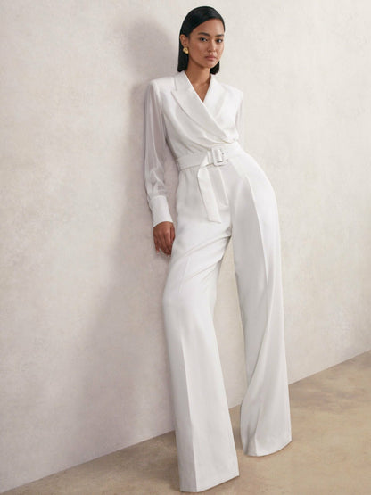 Sheer-Sleeve Wide-Leg Tuxedo Jumpsuit in Ivory | Reiss Women New