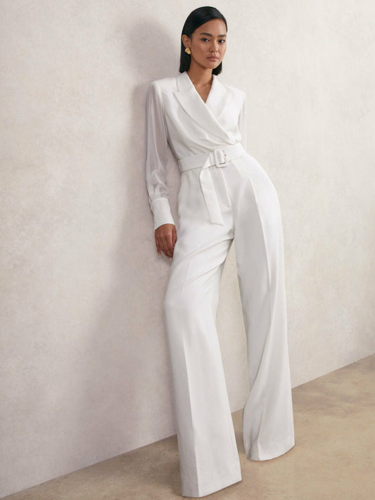 Sheer-Sleeve Wide-Leg Tuxedo Jumpsuit in Ivory | Reiss Women New