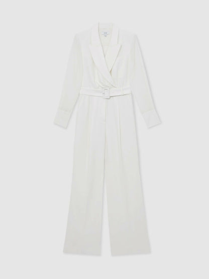 Sheer-Sleeve Wide-Leg Tuxedo Jumpsuit in Ivory | Reiss Women New