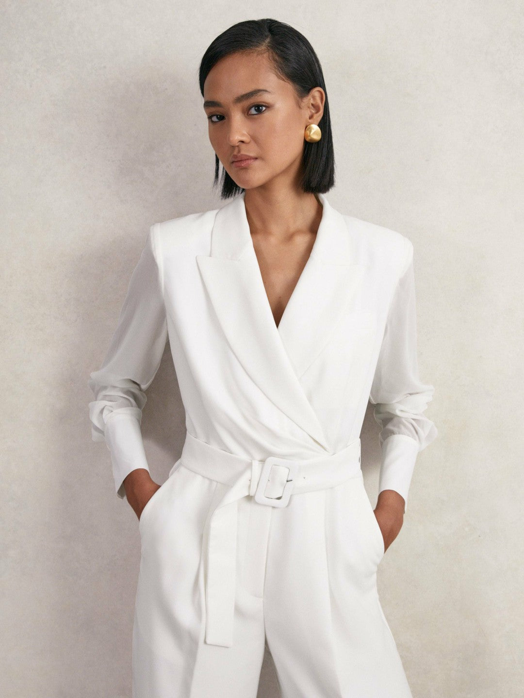Sheer-Sleeve Wide-Leg Tuxedo Jumpsuit in Ivory | Reiss Women New