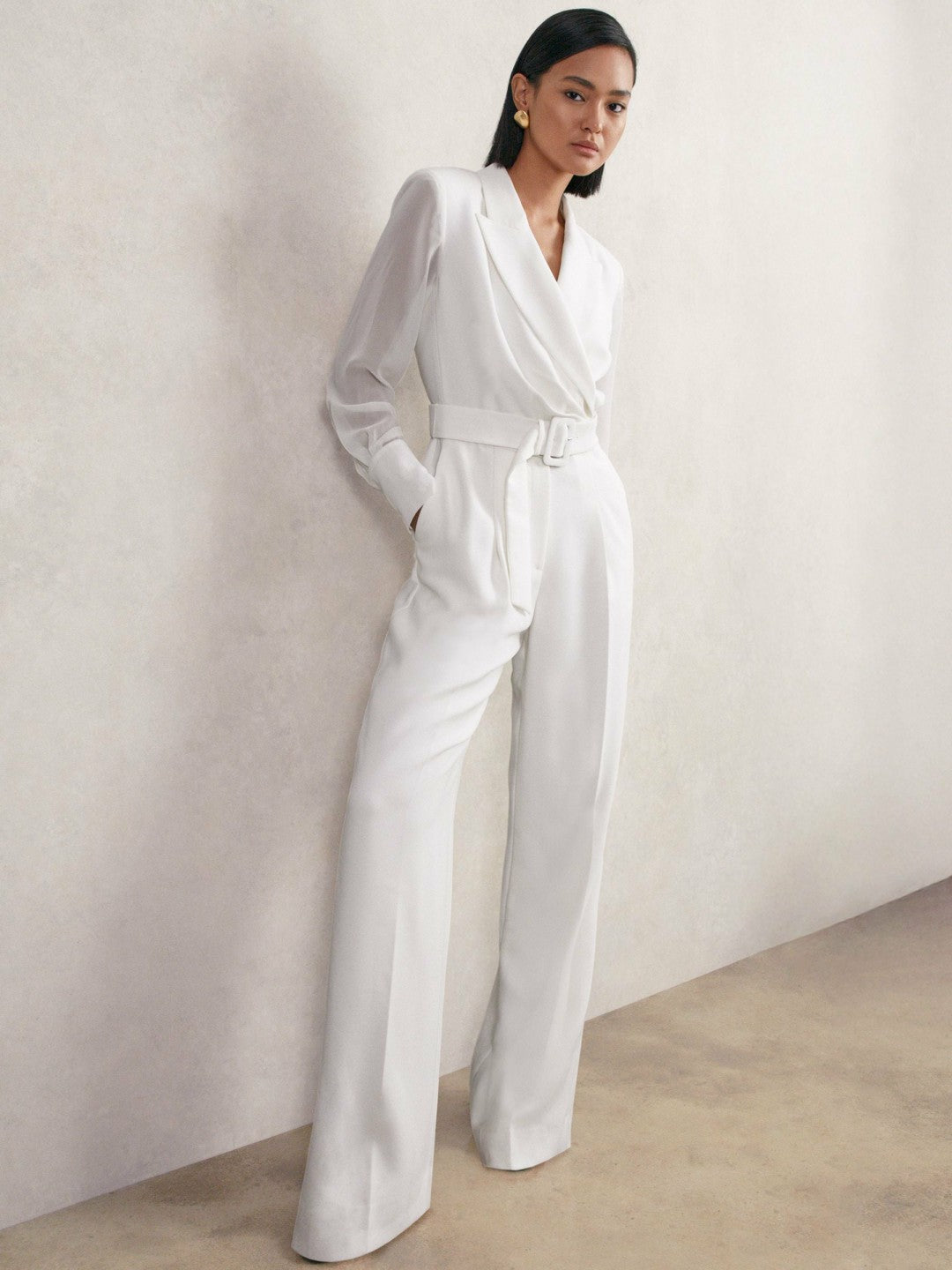 Sheer-Sleeve Wide-Leg Tuxedo Jumpsuit in Ivory | Reiss Women New