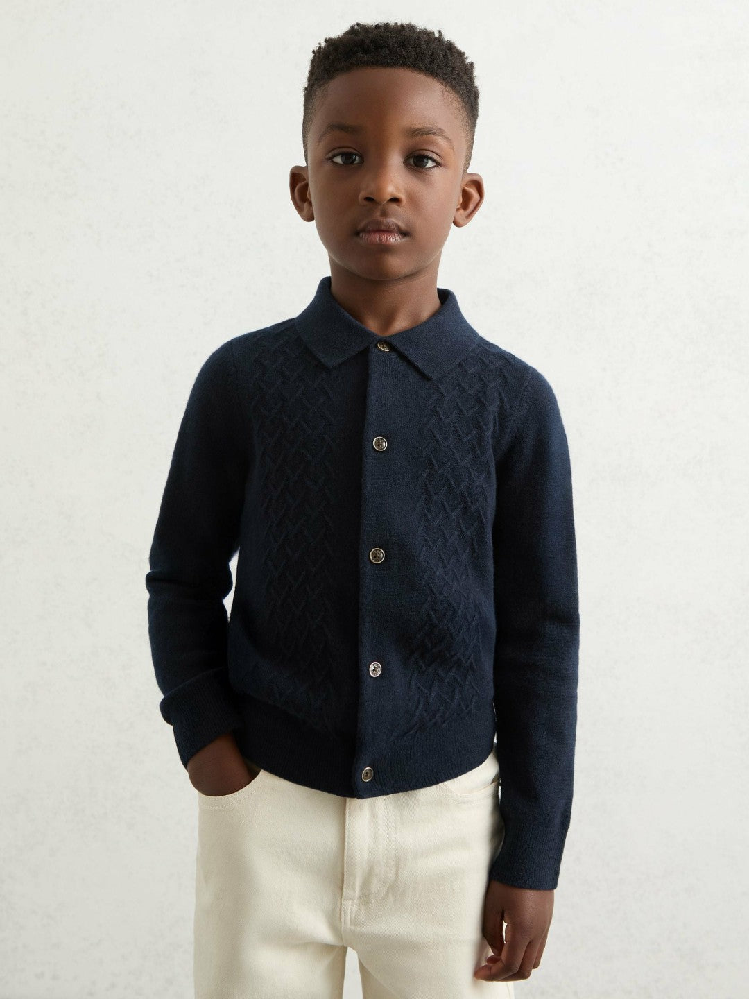 13-14 yrs Wool V-Stitch Button-Through Cardigan in Navy Blue | Reiss Children & Baby Featured