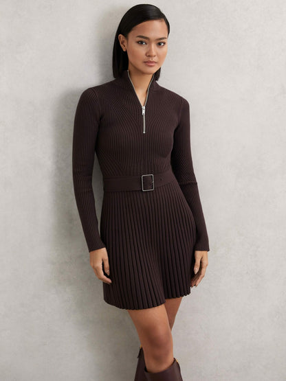 Rib-Knit Belted Half-Zip Flippy Dress in Plum Purple | Reiss Women Recommended