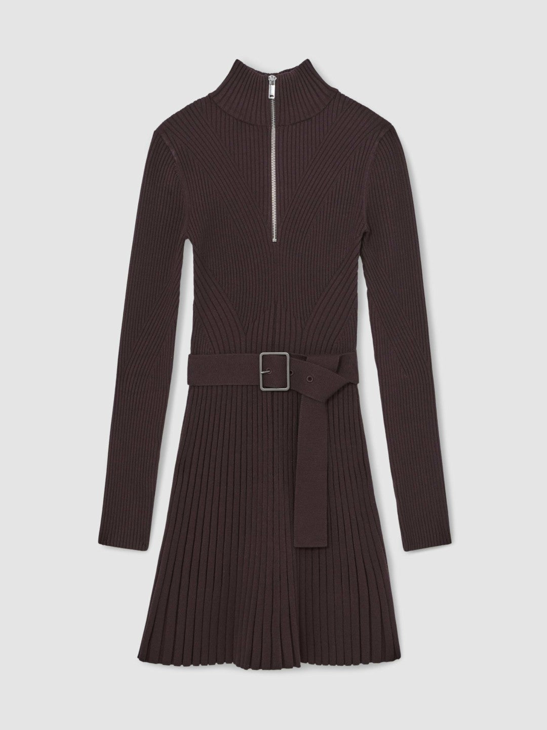 Rib-Knit Belted Half-Zip Flippy Dress in Plum Purple | Reiss Women Recommended