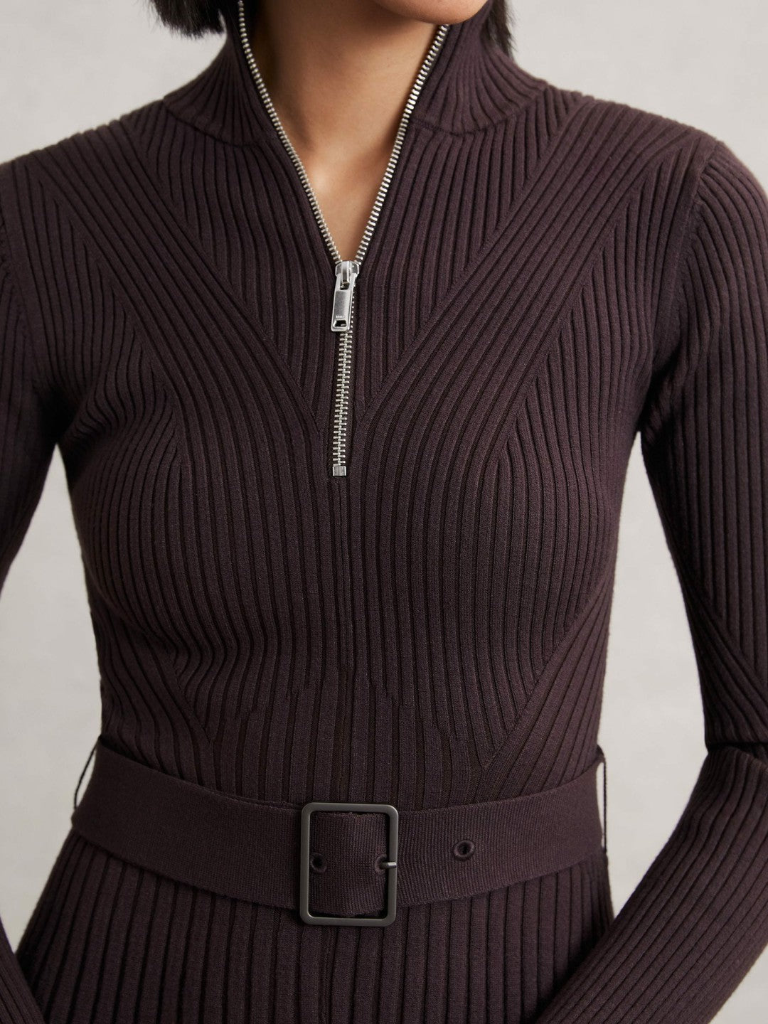 Rib-Knit Belted Half-Zip Flippy Dress in Plum Purple | Reiss Women Recommended