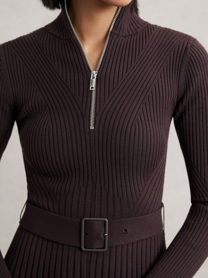 Rib-Knit Belted Half-Zip Flippy Dress in Plum Purple | Reiss Women Recommended