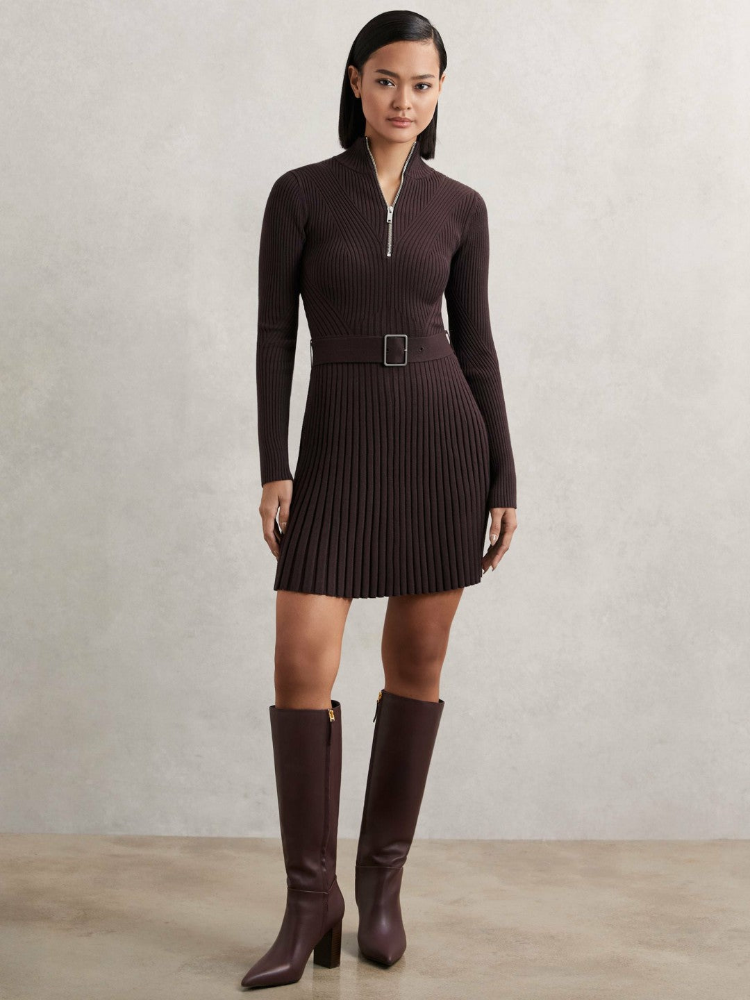 Rib-Knit Belted Half-Zip Flippy Dress in Plum Purple | Reiss Women Recommended