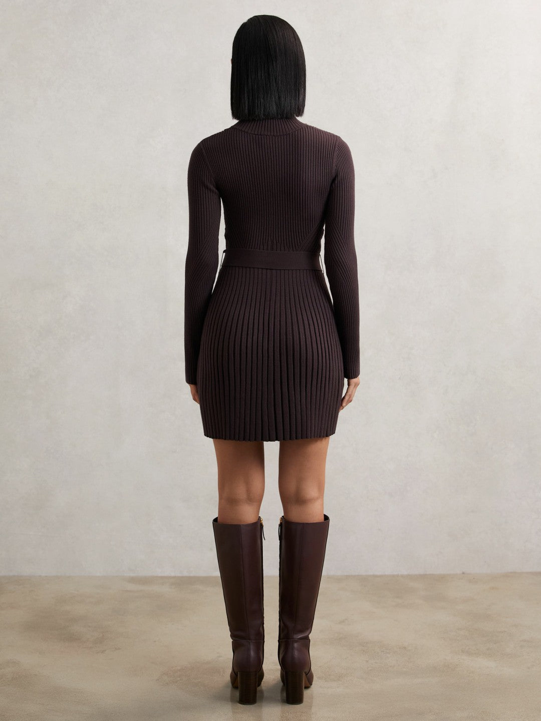 Rib-Knit Belted Half-Zip Flippy Dress in Plum Purple | Reiss Women Recommended