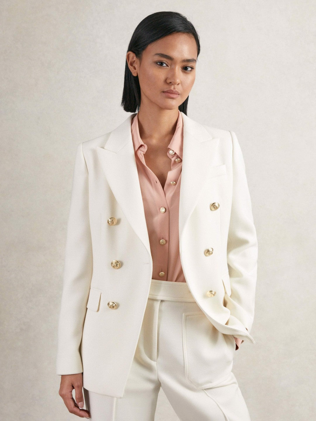 Double-Breasted Twill Suit Blazer With Wool in White | Reiss Women Signature