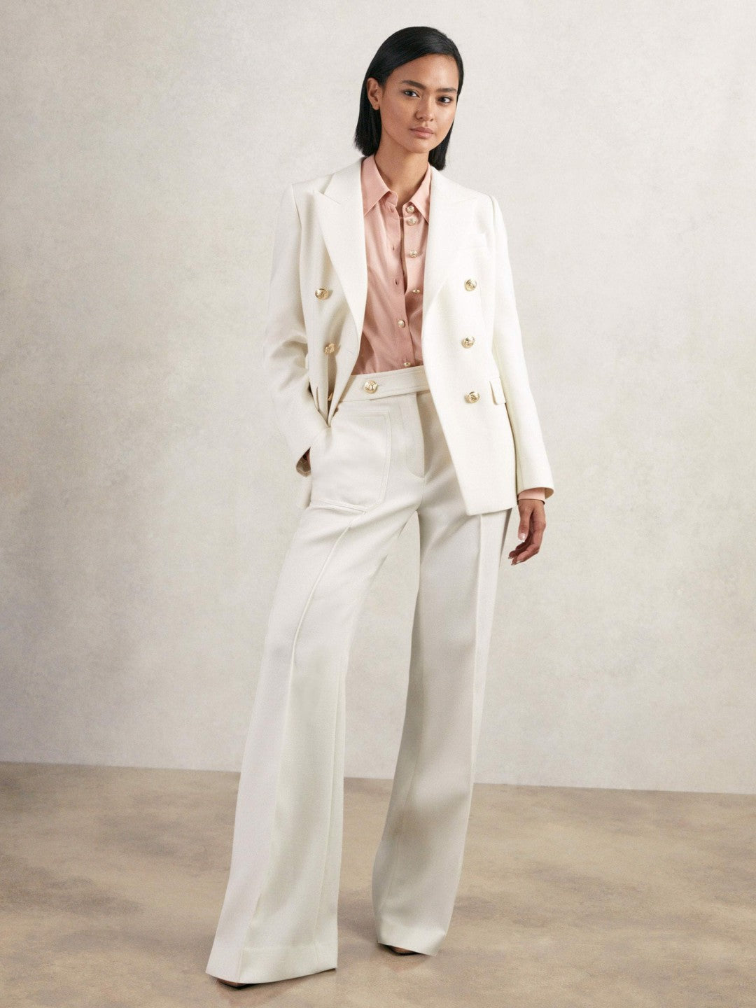 Double-Breasted Twill Suit Blazer With Wool in White | Reiss Women Signature