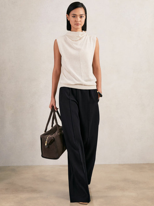 Wide Leg Elasticated Waist Trousers in Navy | Reiss Women Popular