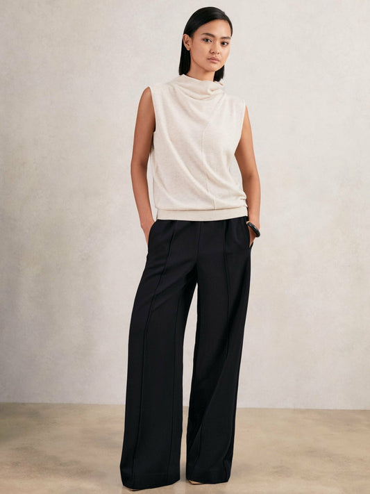 Petite Wide Leg Elasticated Waist Trousers in Navy | Reiss Women Trending