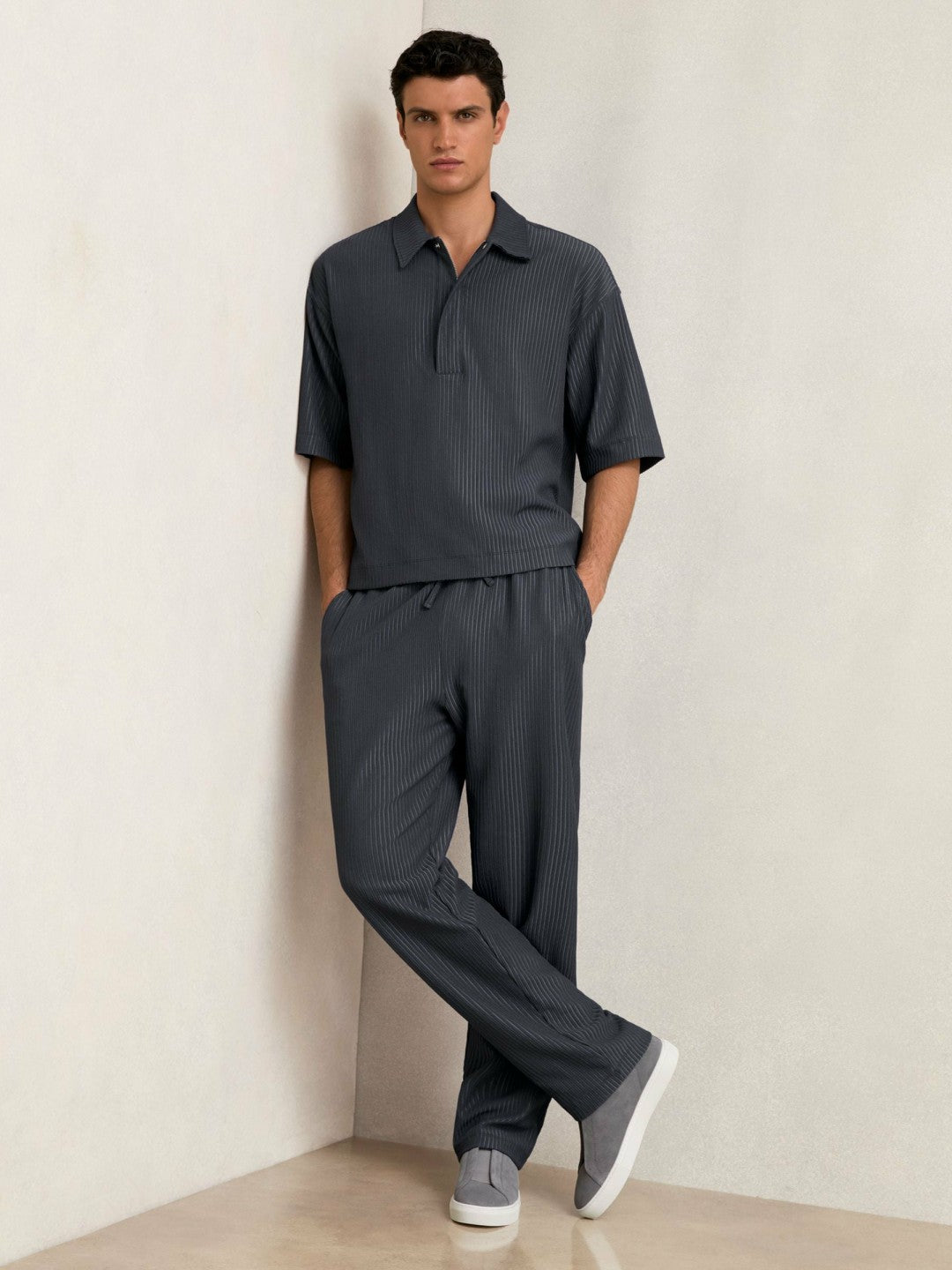 Textured Stripe Drawstring Trousers in Petrol Blue | Reiss Men Featured