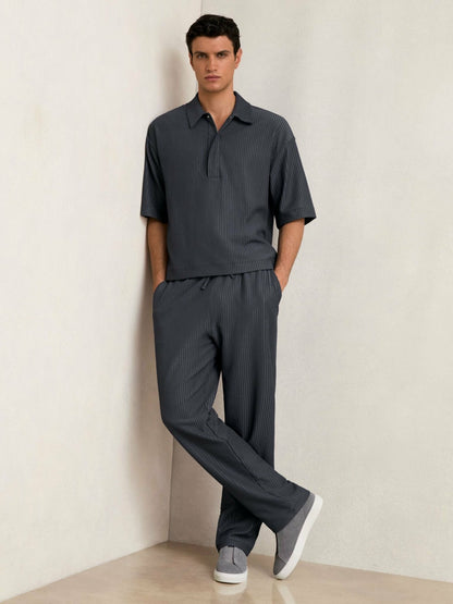 Textured Stripe Drawstring Trousers in Petrol Blue | Reiss Men Featured