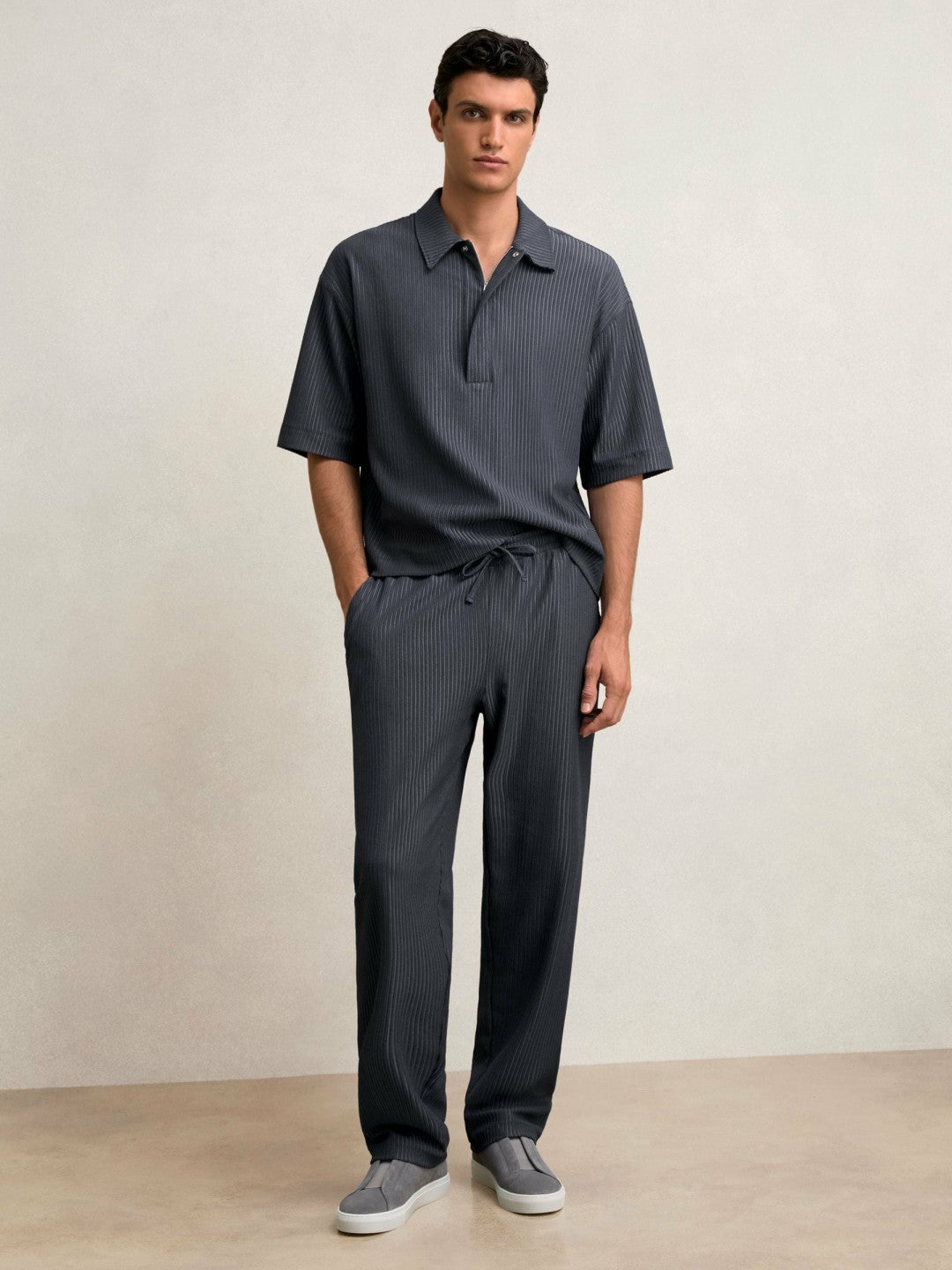 Textured Stripe Drawstring Trousers in Petrol Blue | Reiss Men Featured