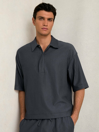 Oversized Textured Stripe Polo Shirt in Petrol Blue | Reiss Men Trending